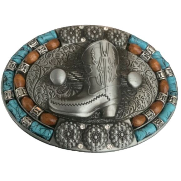 Boot Belt Buckle – Antiqued Silver Finish with Faux Turquoise, Western Cowgirl main image 8